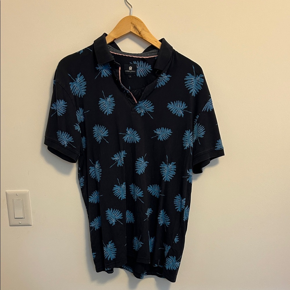 Navy Leaf Print Men's Polo Shirt